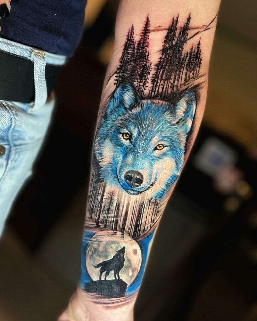 Gorgeous Realistic Blue Wolf Head Tattoo Idea