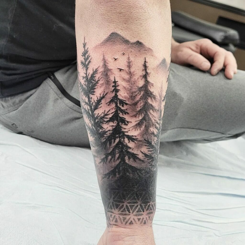Half Sleeve Forest With Mountain Line Tattoo