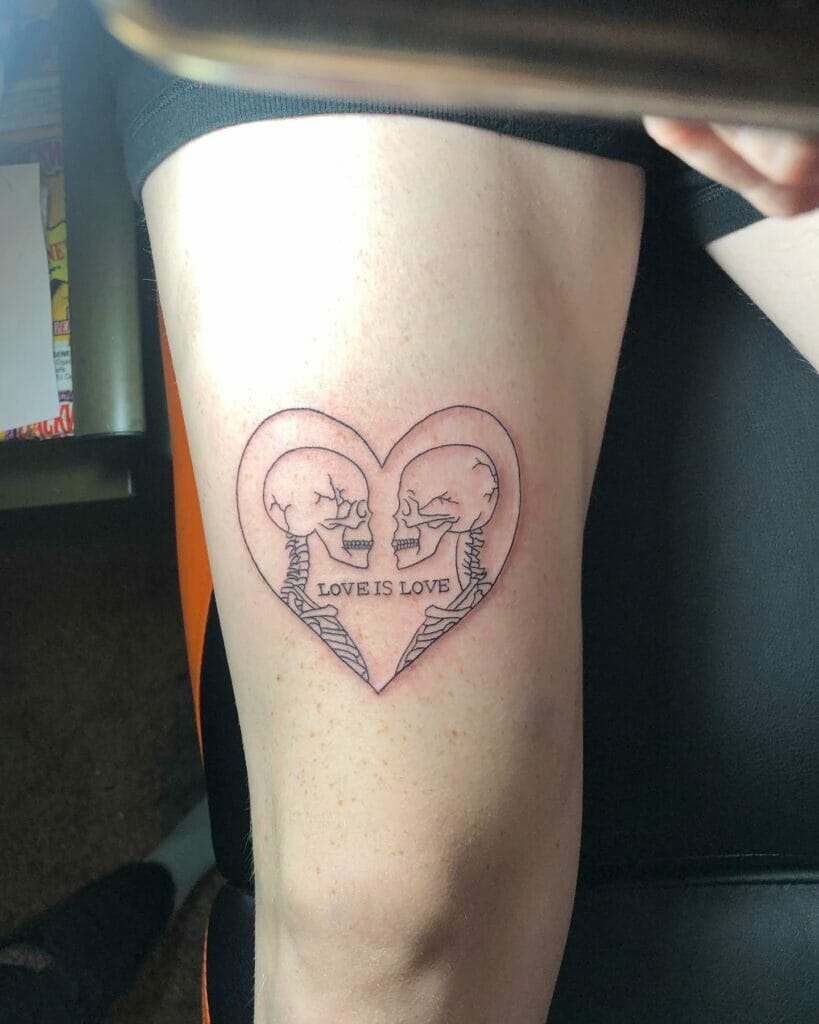 Heart Shape Love Is Love Tattoo For Thigh