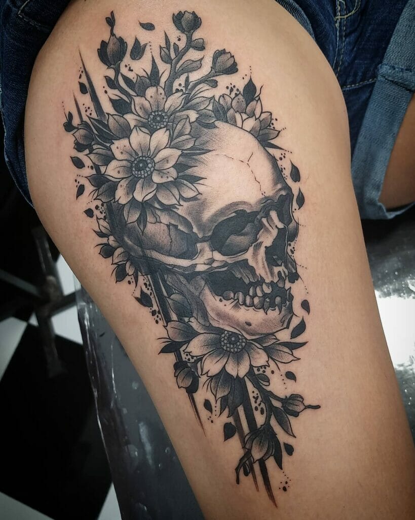 Human Skull And Flower Tattoo