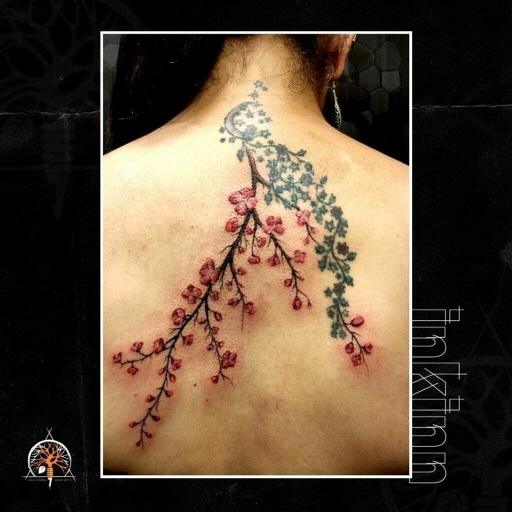 Japanese Cherry Blossom Spine Tattoo