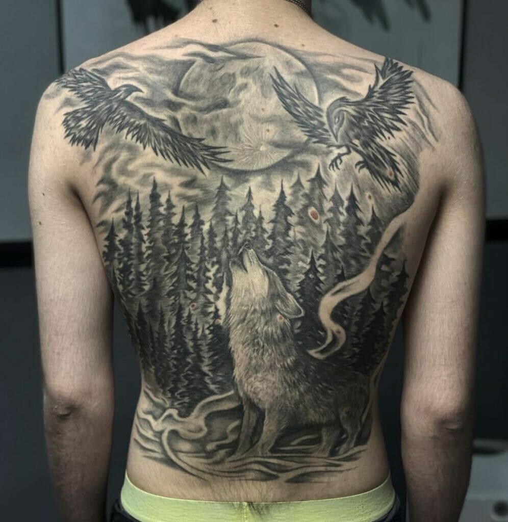 Landscape Traditional Wolf Tattoos On Back Ideas