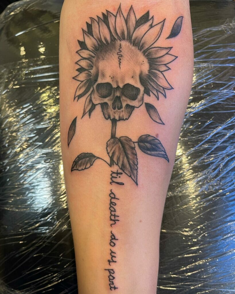 Lettered Skull Flower Tattoo