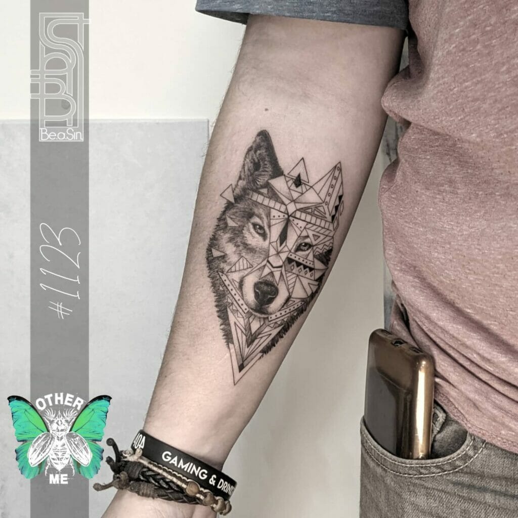 Mandala-Themed Realistic Geometric Wolf Tattoo Design