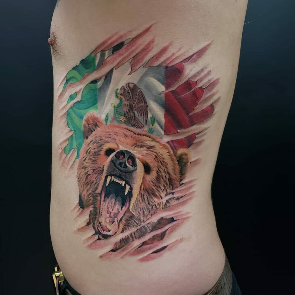 Mexican Flag And The Californian Bear Combination Tattoo