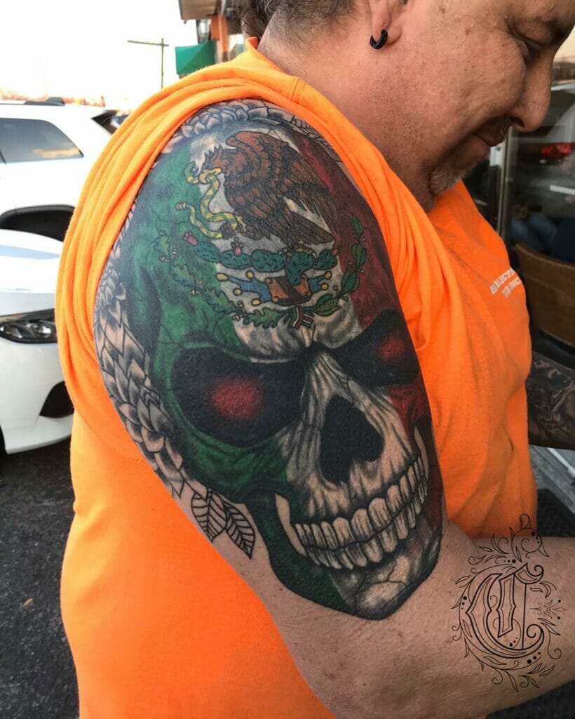 Mexican Flag-Themed Skull Tattoo