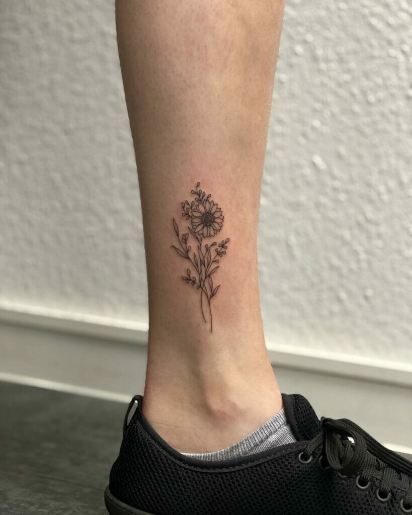 Minimalistic Sunflower Outline Tattoo On Ankle