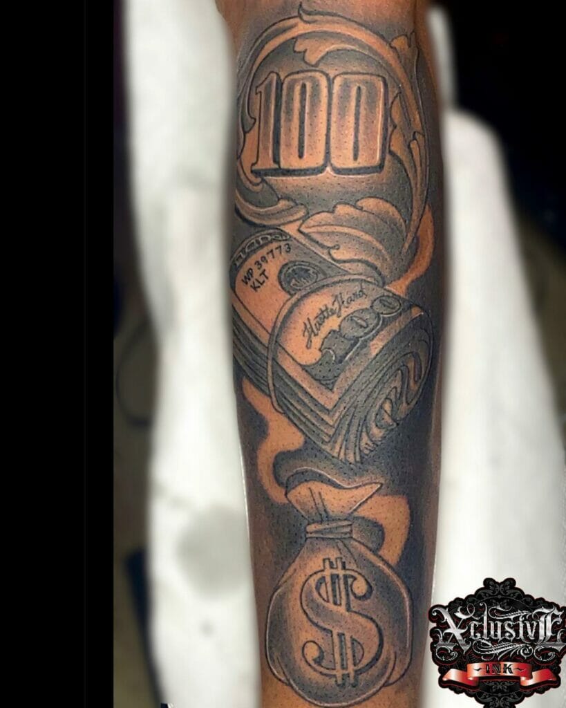 Money Bag Tattoo Design With Rolled Cash