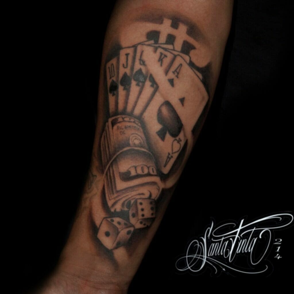 Money Roll With Dice And Cards Tattoo