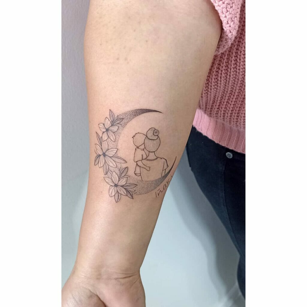 Moon And Flowers Mom And Baby Tattoo