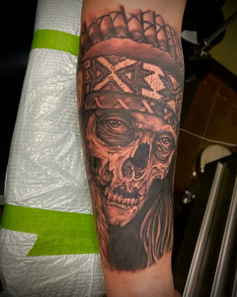 Native American Combined With Skull Western Sleeve Tattoo Design