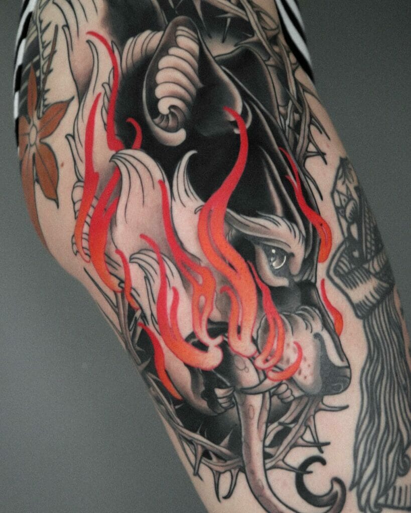 Neo Traditional Wolf Tattoo On Flames