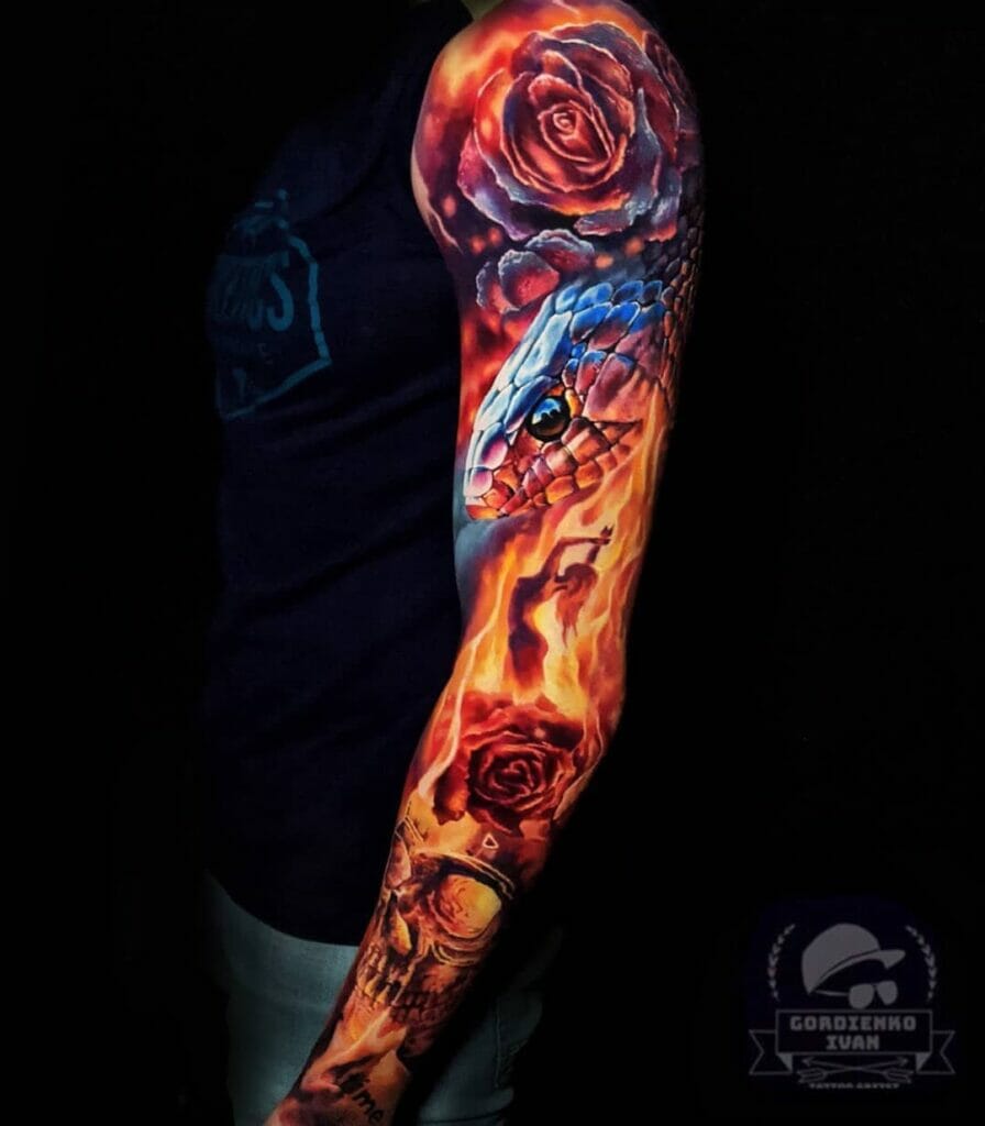 Realistic Burning Rose With Snake Tattoo Design