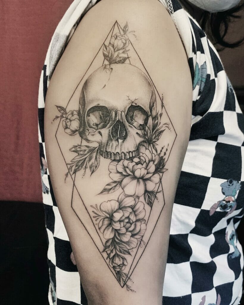 Realistic Flower And Skull Tattoo