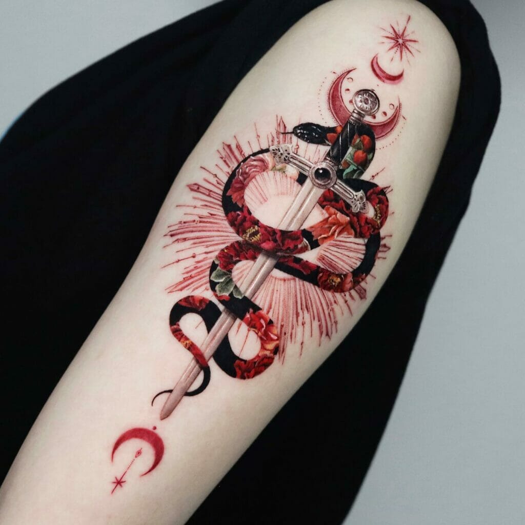 Realistic Sword Tattoo With A Floral Design Snake Wrapped Around