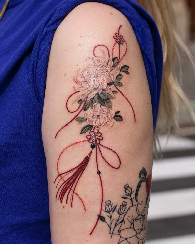 Red String Of Fate Chrysanthemum Tattoo