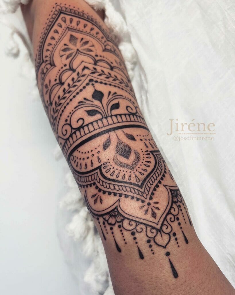 Right Forearm Dark Ink Feminine Mandala Tattoo Stencil Design