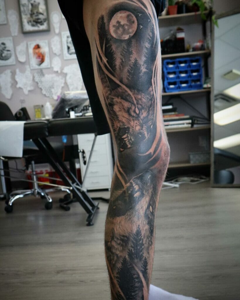 Right Leg Larger Scale Nocturnal Realistic Wolf Tattoo Design