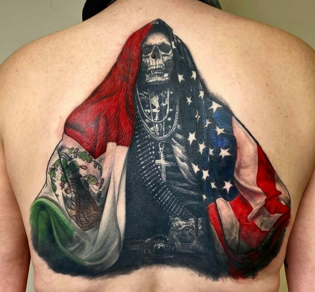 Sicario Style Mexican And American Flag Tattoo