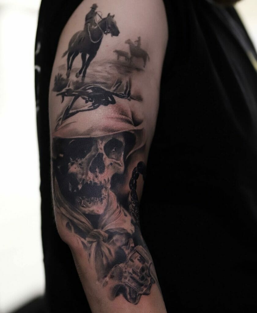 Skeleton Cowboy Tattoo Western Sleeve Design