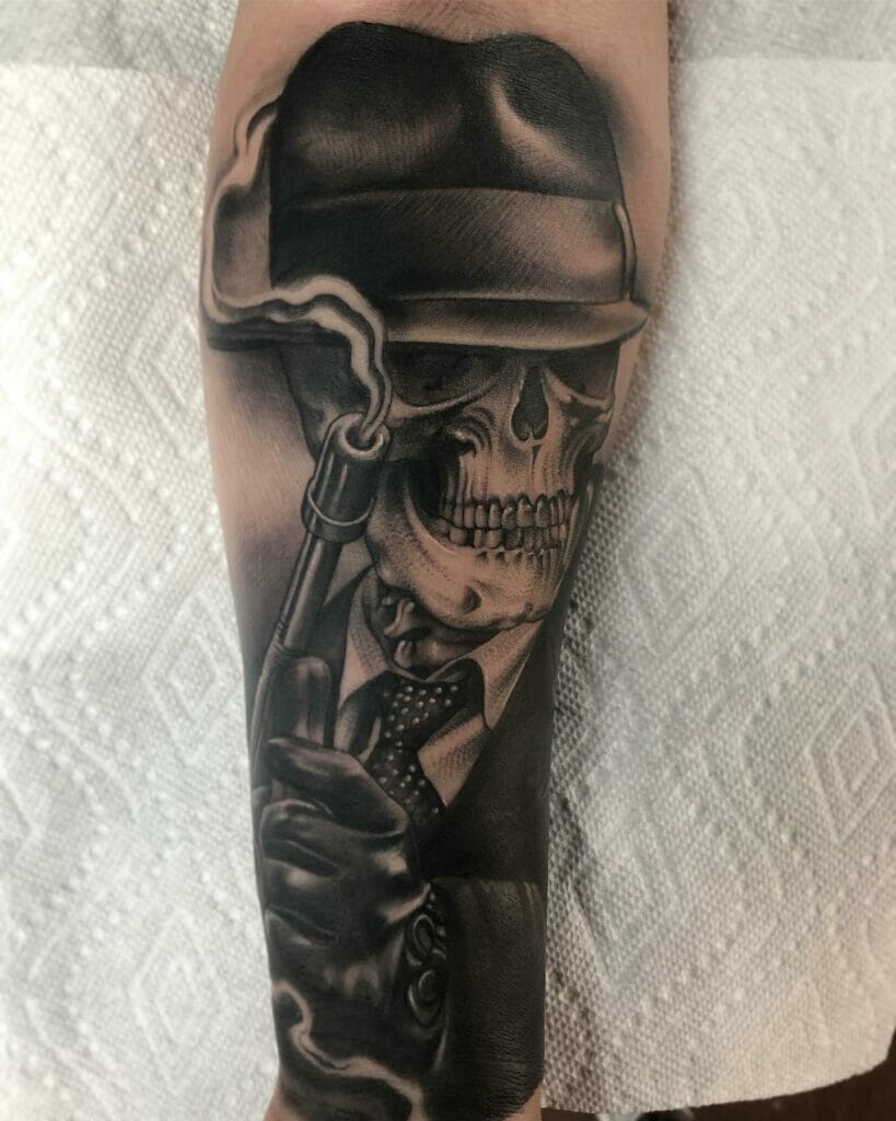 Skull Face Gangster Tattoo With Gun