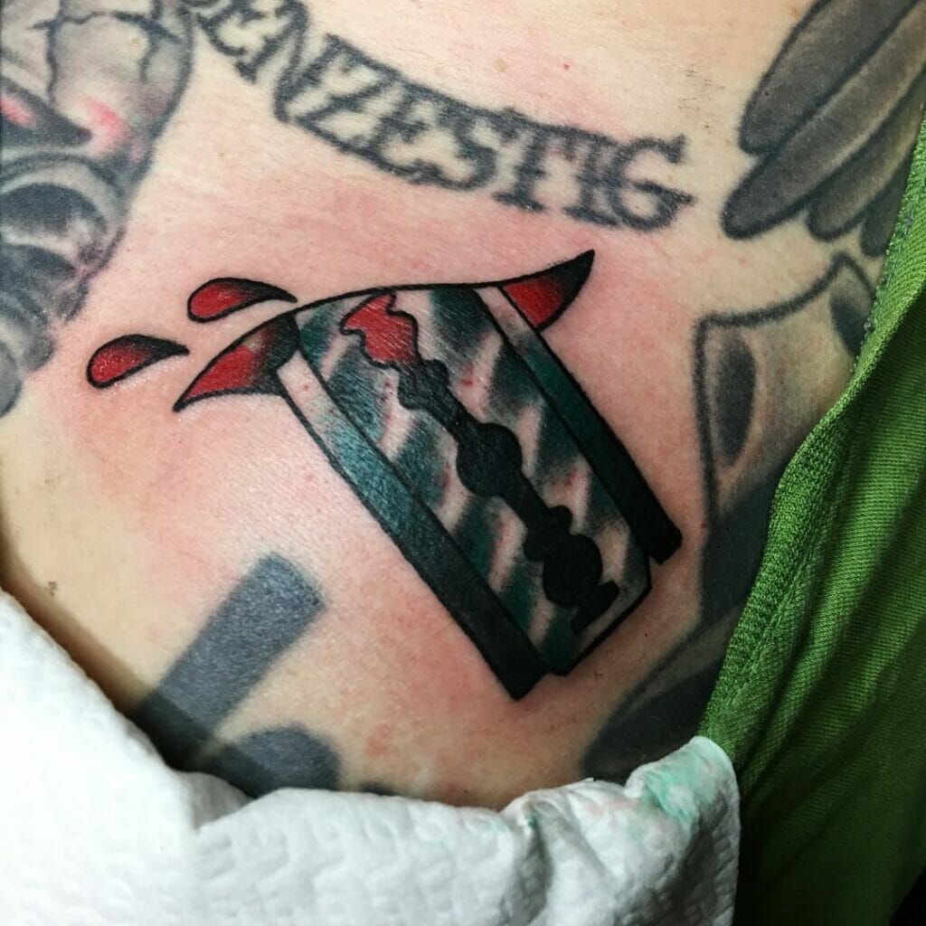 Slit Skin Razor Blade And Blood Tattoo 