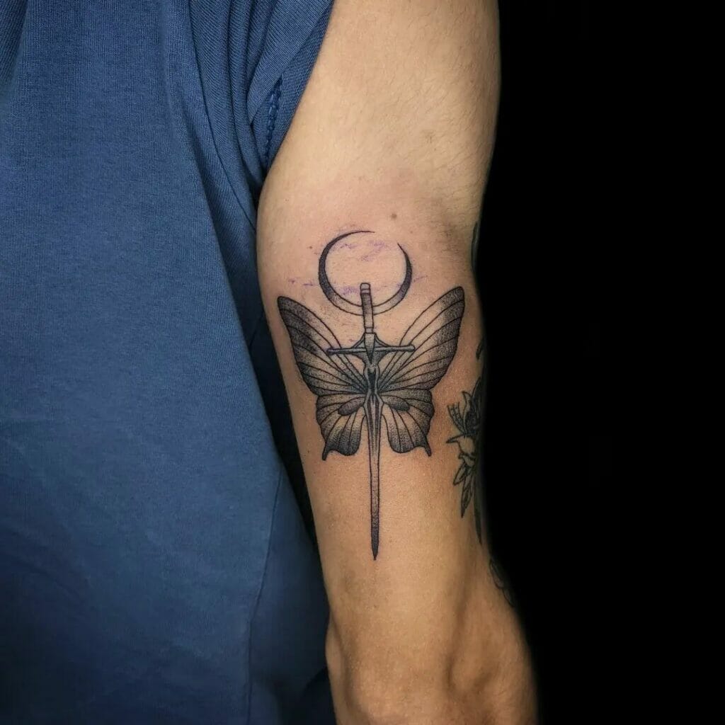 Sword-Themed Manly Butterfly Tattoo Design