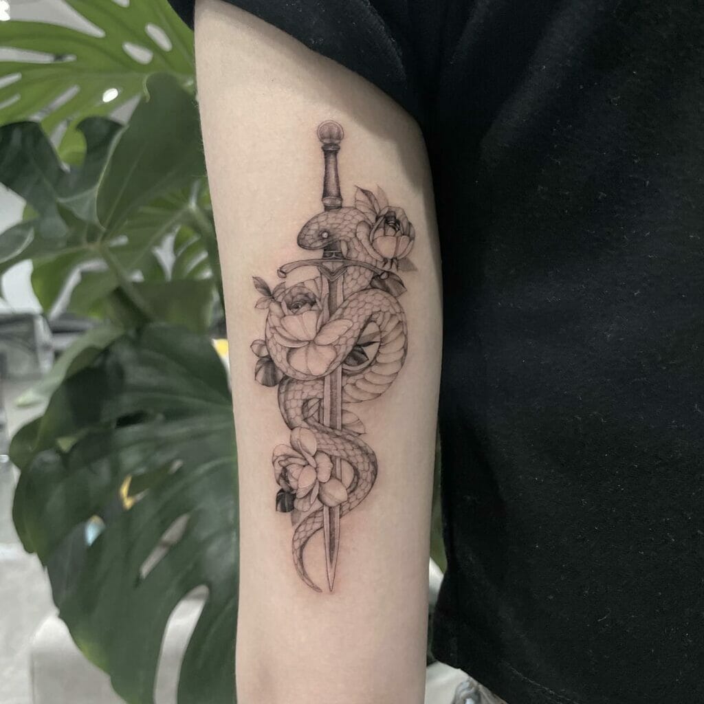 Sword, White Snake, And Rose Combination Tattoo