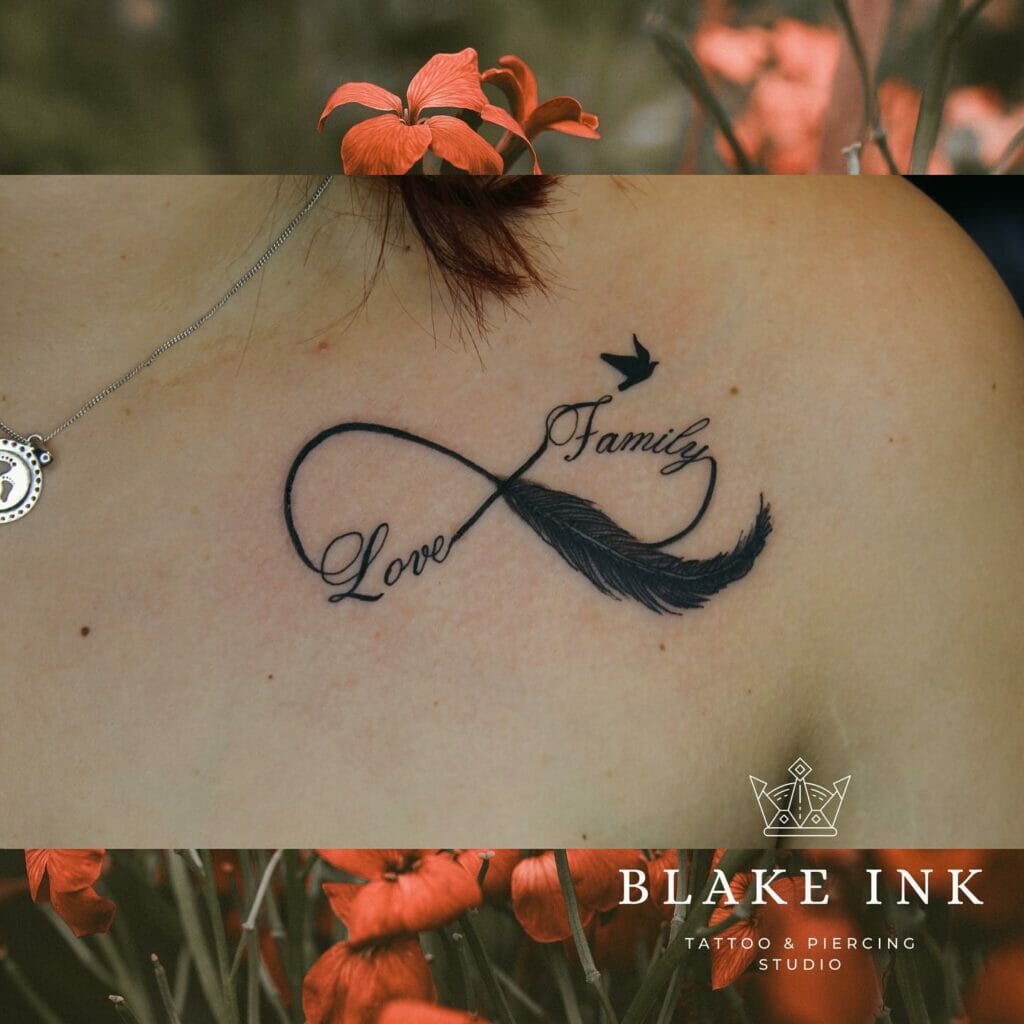 The All Black Ink Infinity Feather Tattoo With A Bird