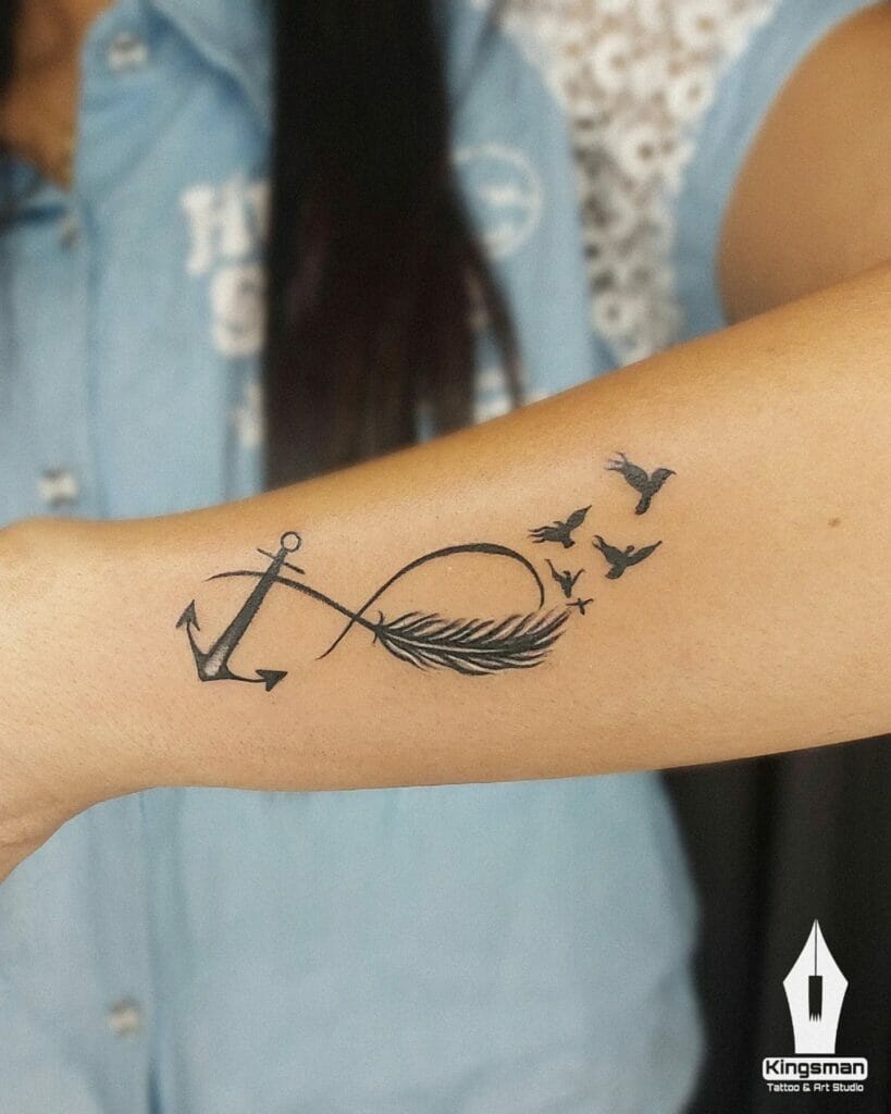 The Anchor And The Birds Infinity Feather Tattoo