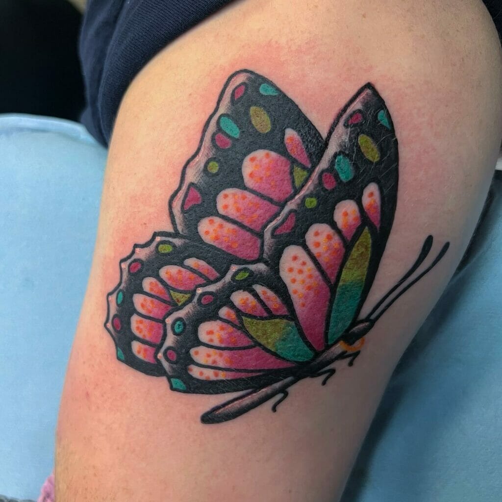 Traditional Colorful Butterfly Tattoo Style For Women