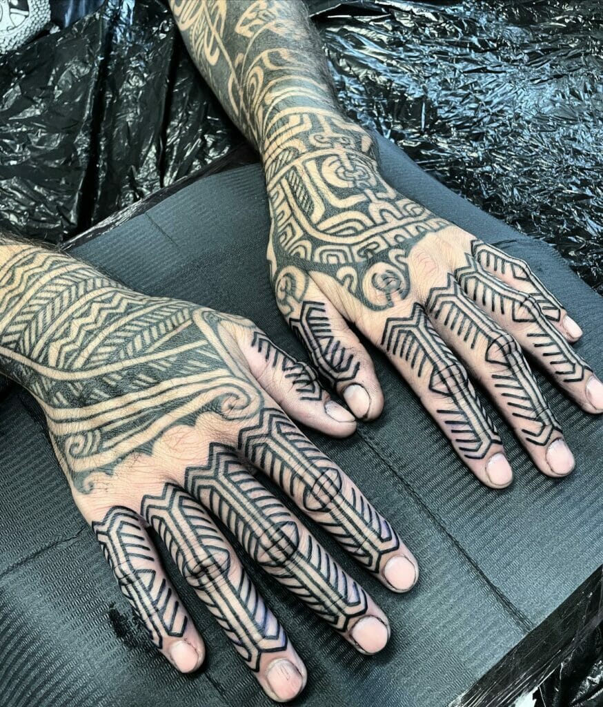 Traditional Tribal Tattoo Inspired By Solomon Island Patterns On Both Hands