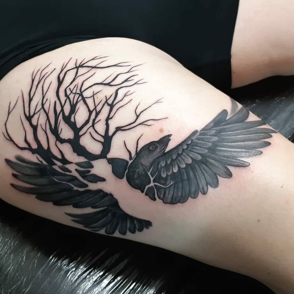 Tribal Raven Thigh Tattoo For Women