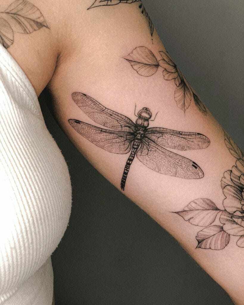 Unique Dragonfly Linework Black Flower Tattoo