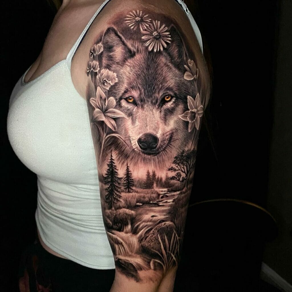 Wolf Half Sleeve Tattoo For Women