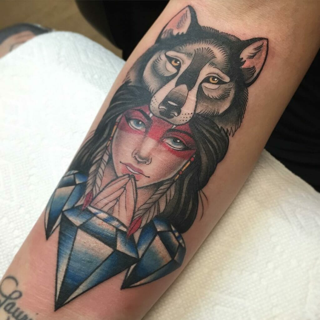 Woman With Wolf Headdress Tattoo In Neo Traditional Style