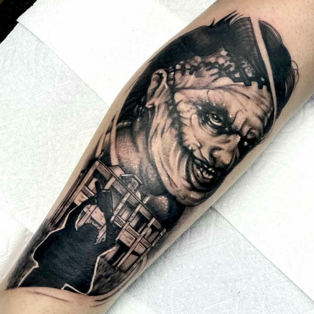 Leatherface Face Portrait And A Movie Scene Tattoo