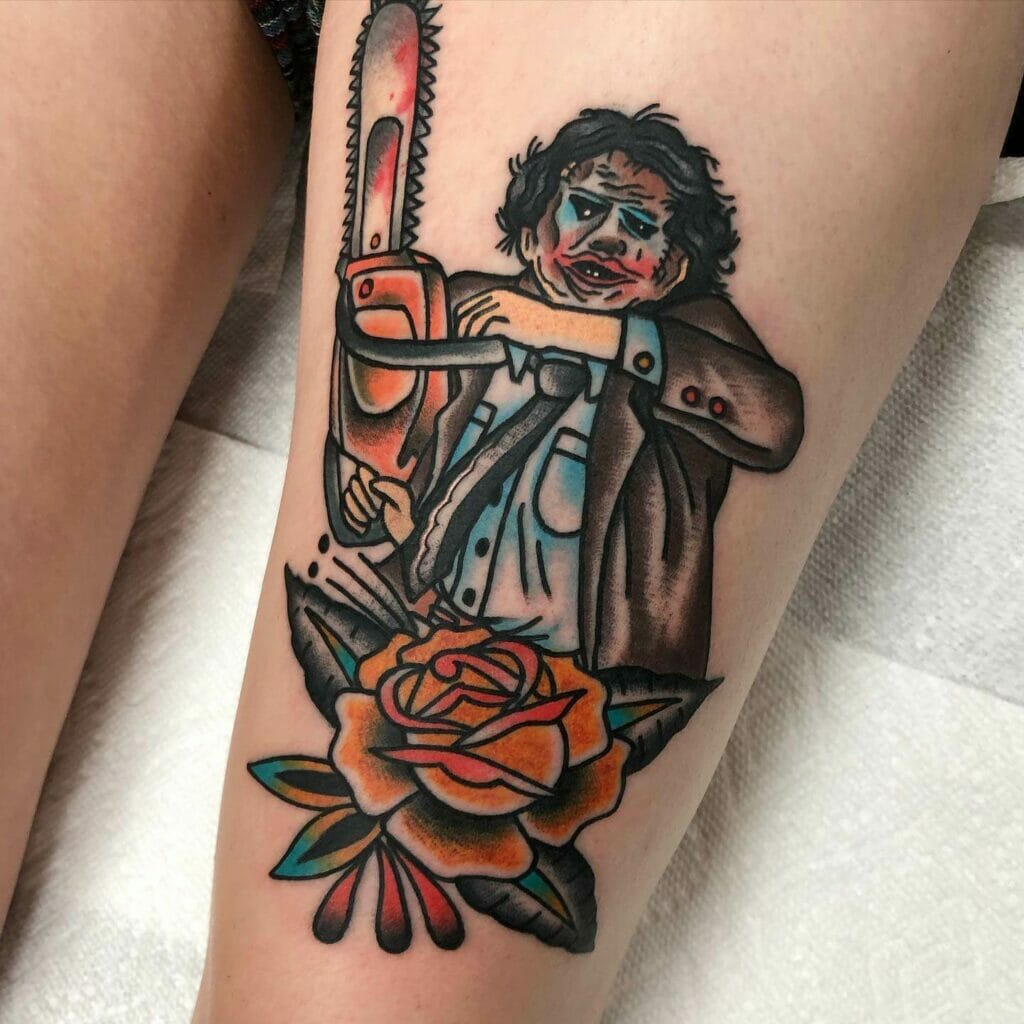 Traditional Leatherface And Rose Tattoo