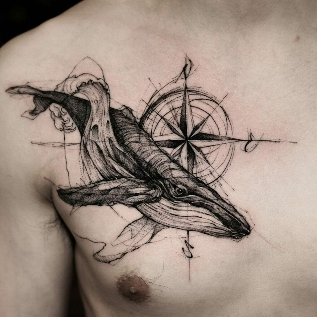 The Gigantic Whale And The Vintage Compass Tattoo Design