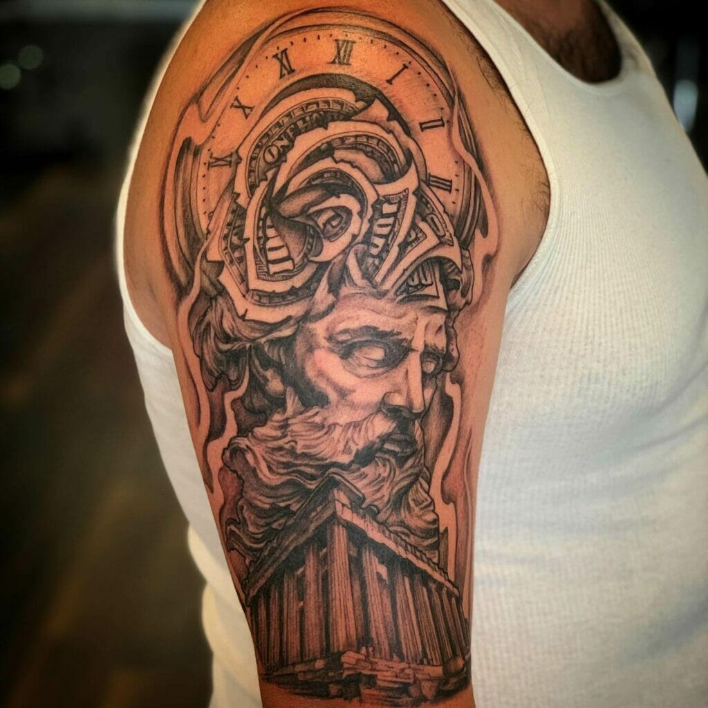 Zeus, Giant Greek Watch And Pantheon Design Tattoo