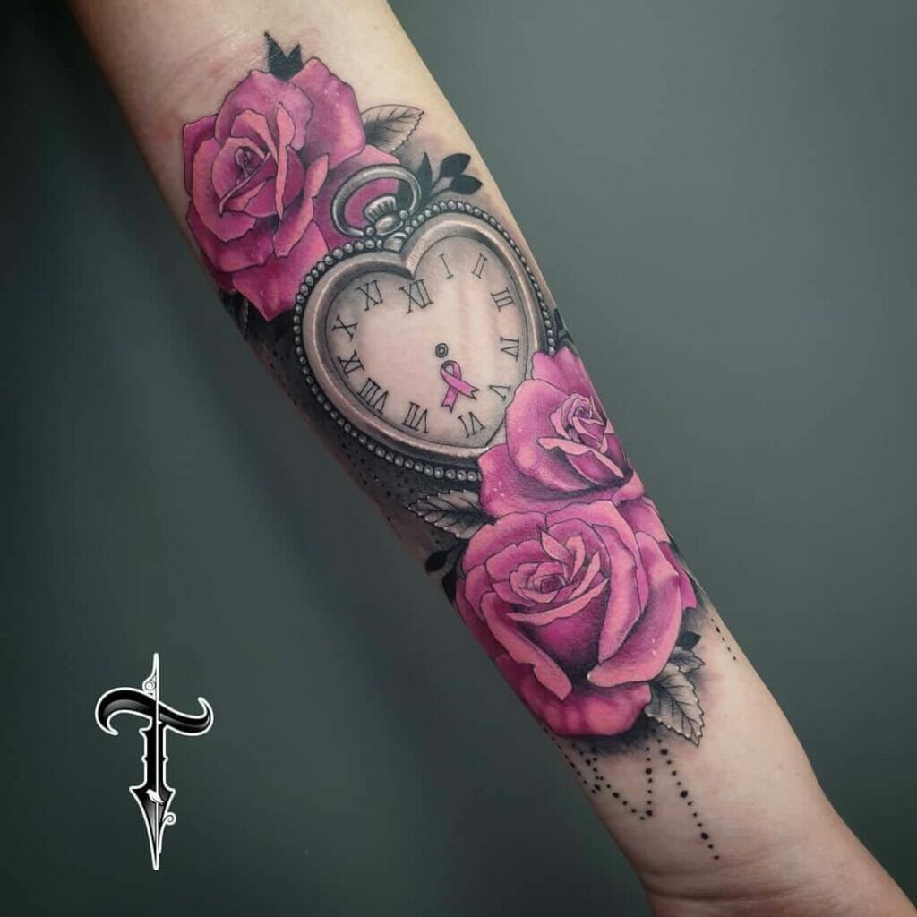 Pink Roses Tattoo With Clock Design