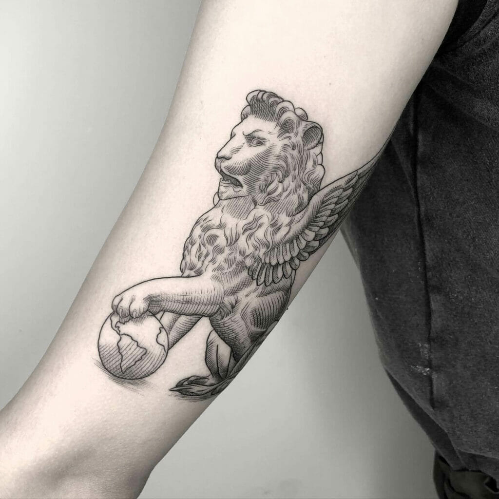 Winged Lion Tattoo On Forearm
