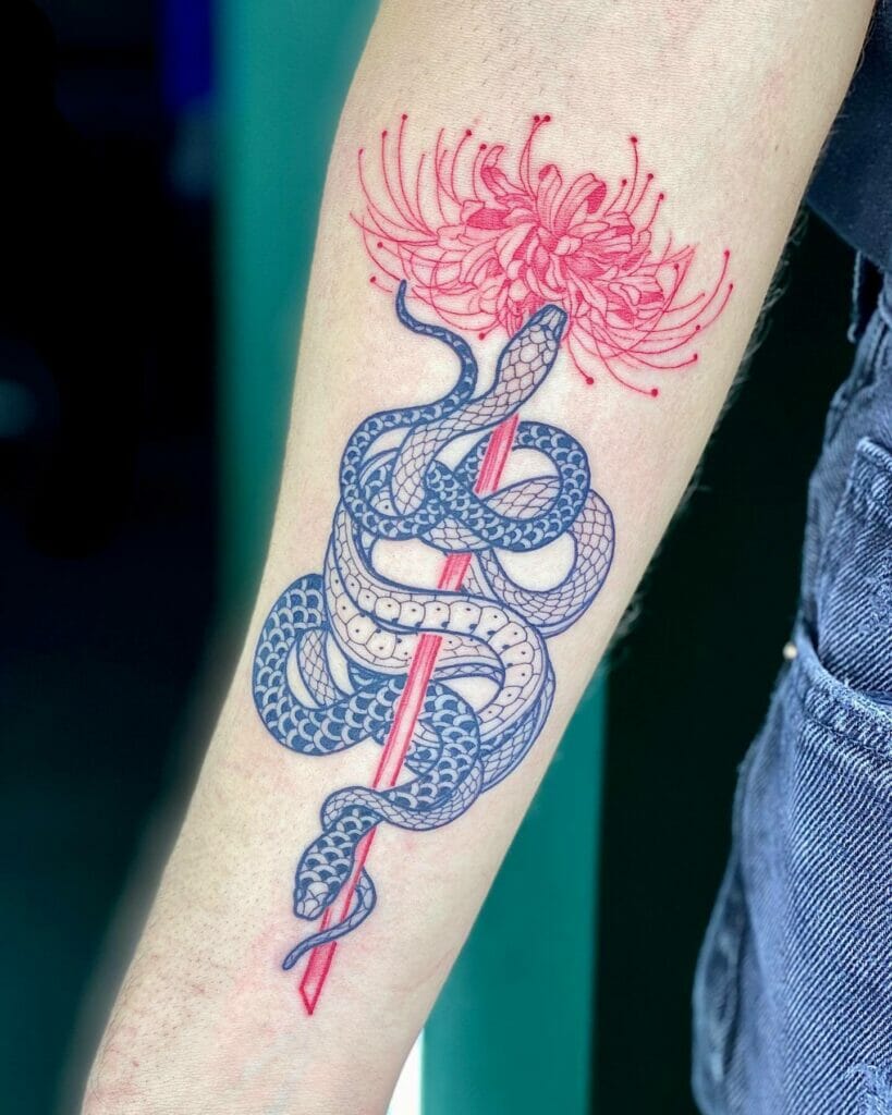 Black and White Snakes Symbolism Tattoo with Red Flower