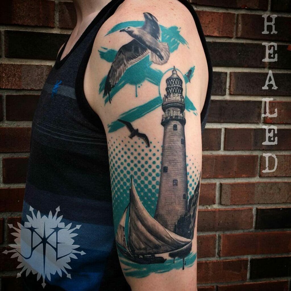 Seagull With A Light House Tattoo