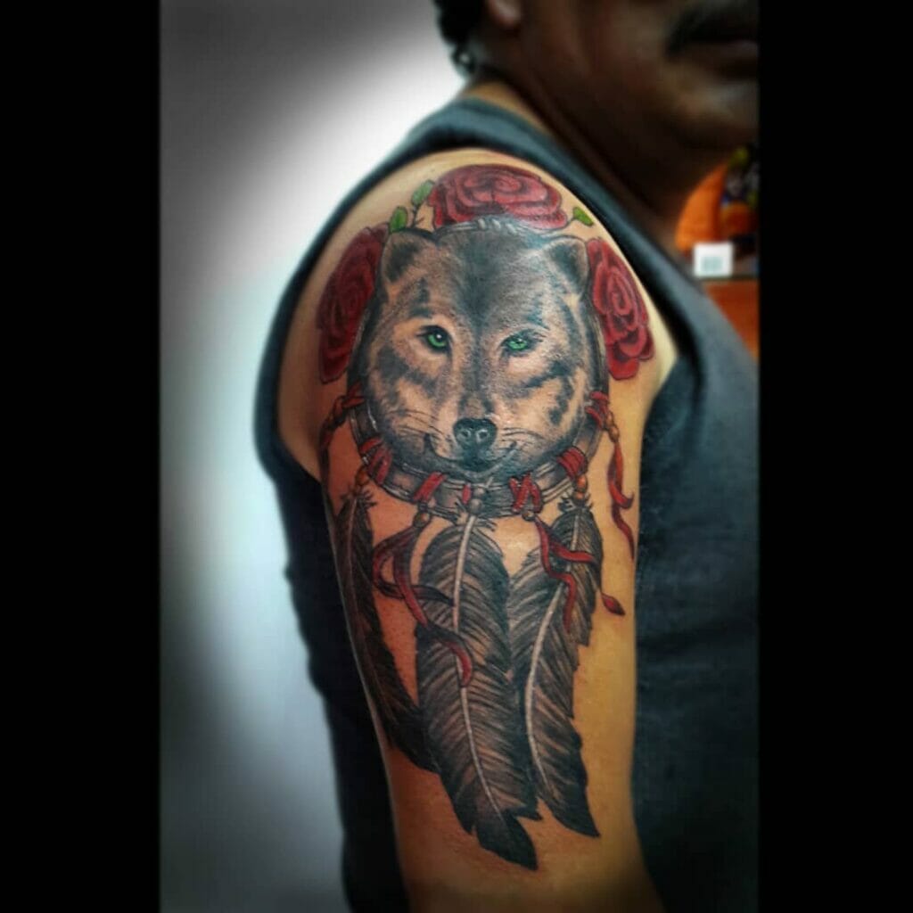 Native Wolf Dreamcatcher Tattoo