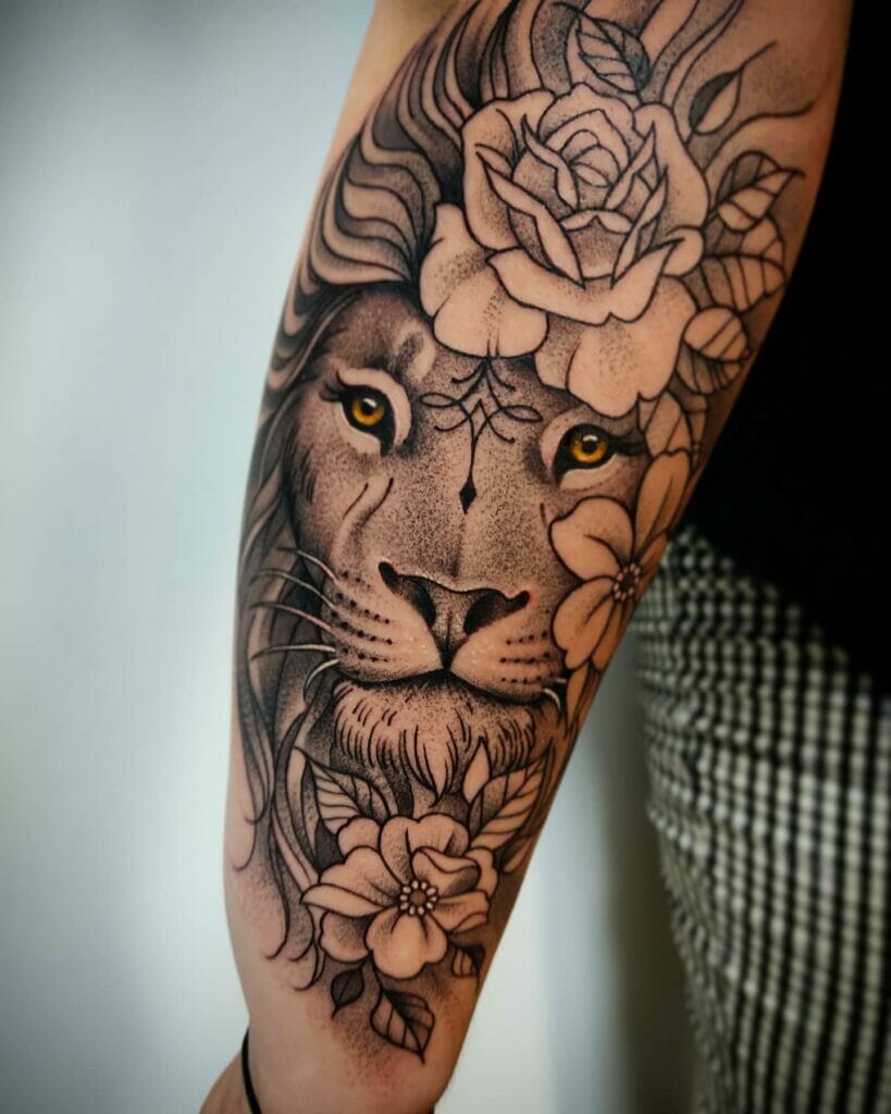 Full-Arm Lion-Floral Tattoo