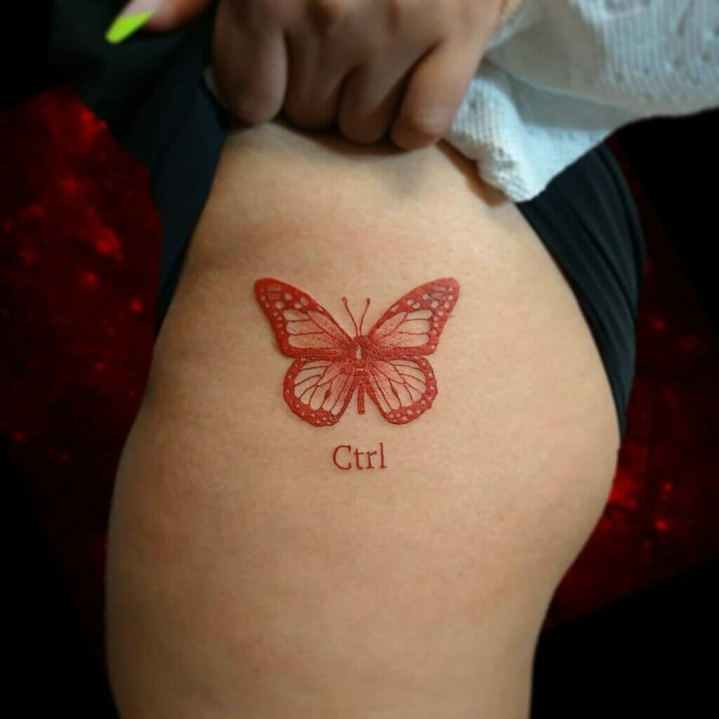 Red Ctrl Tattoo With Monarch Butterfly
