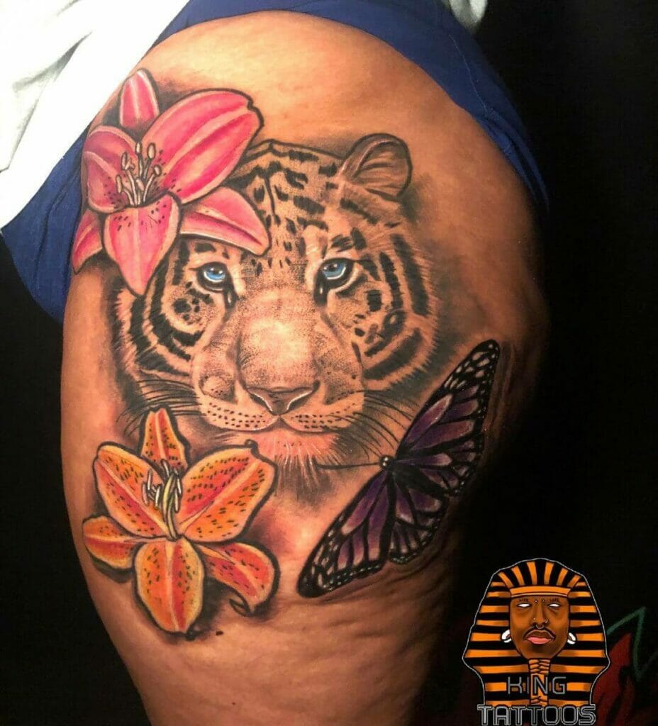 Tiger Lily Tattoo With A Tiger's Face and Butterflies Tattoo Design