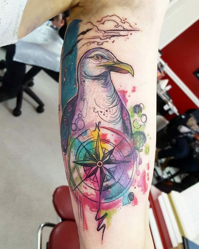 Watercolor Seagull With A Compass Tattoo