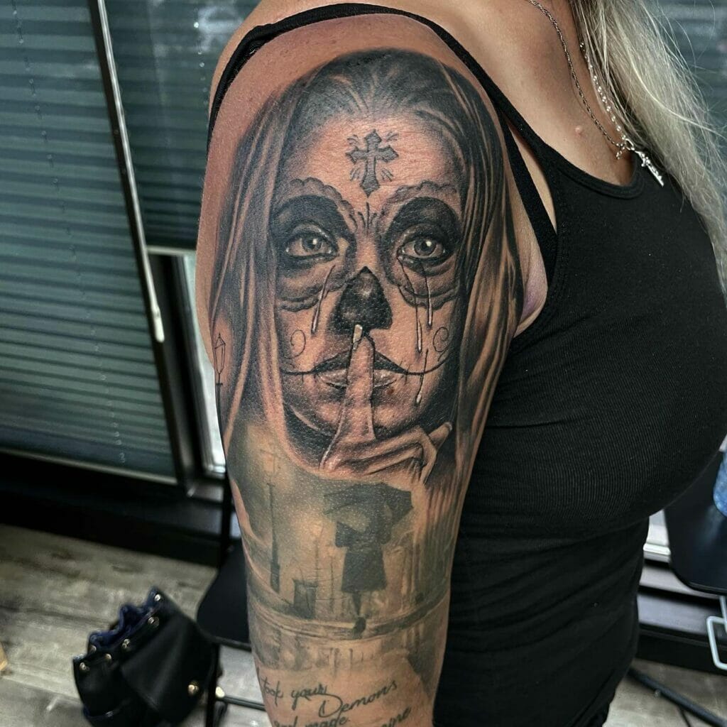 Feminine Cross Sugar Skull Tattoo